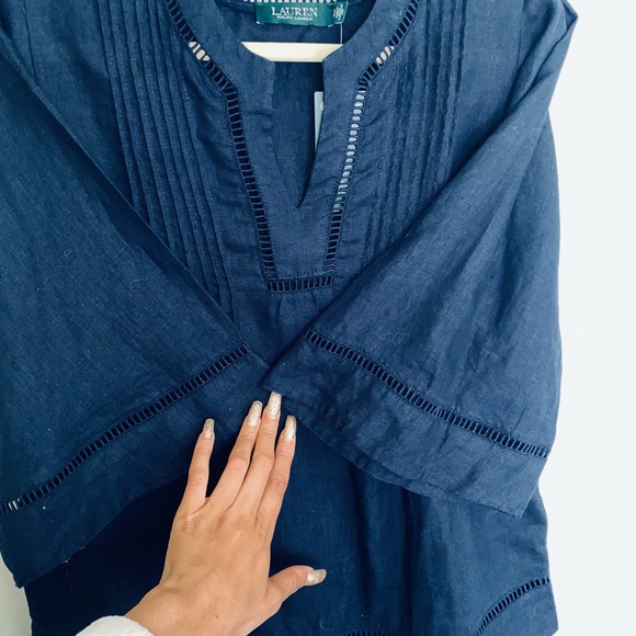 Lauren Ralph Lauren Women's Shirt Tunic Top, Split Round Neck Blouse 100% Linen - Picture 3 of 5